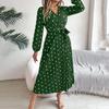 Spring Summer Women Long Sleeve Dot Pleated High Waist A Line Long Dress