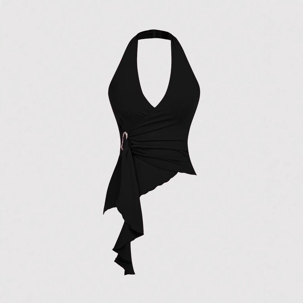 Halter Deep V Slim Fit Open Back Top with Metal Buckle for Women