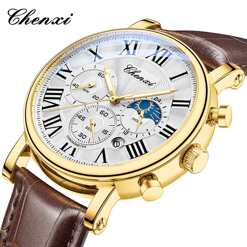 Business Gold Quartz Watches For Men Chronograph Calendar Man Watch Fashion Moon Phase Waterproof Men's Wristwatches