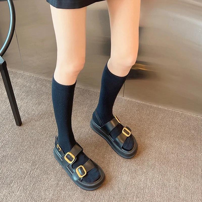 Fashion Gladiator Platform Women's Sandals 2025 Summer Women Flat Sandals Fashion Casual Metal Buckle Soft Bottom Ladies Sandals