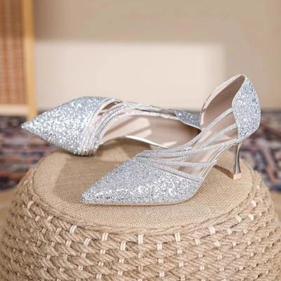 Damskie wysokie obcasy modne błyszczące cekiny szpiczaste noski szampan ślubne buty ślubne seksowne eleganckie cienkie obcasy damskie buty wizytowe