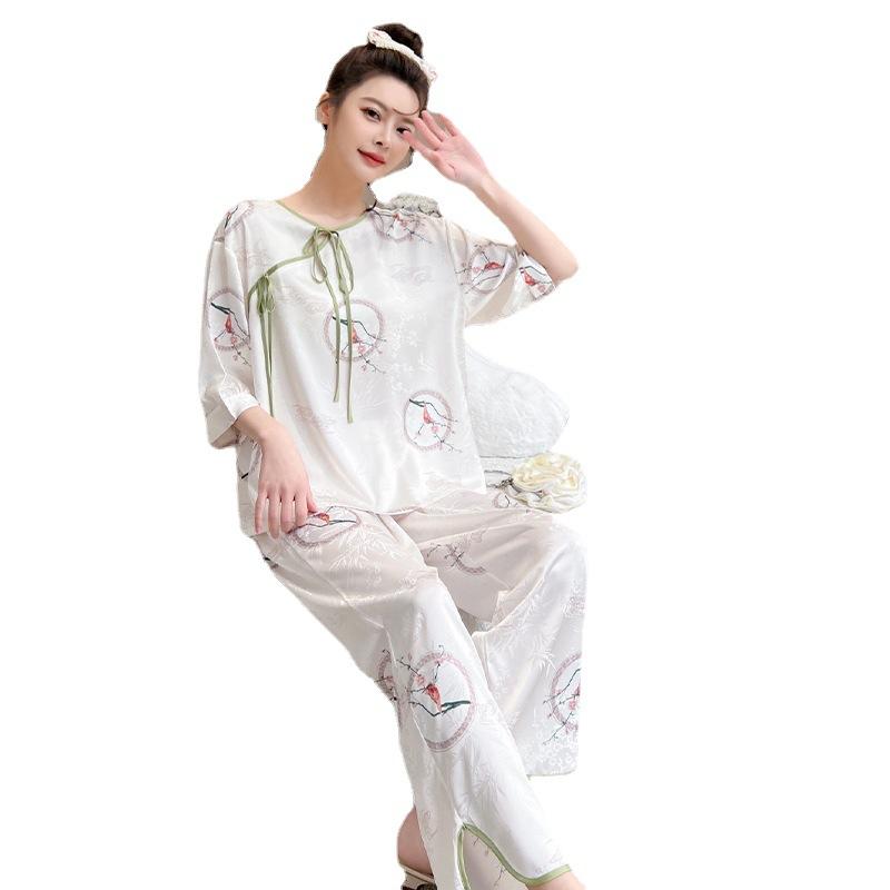 Women's pajamas new spring and summer ice silk comfortable and high-end new Chinese style loungewear set retro thin