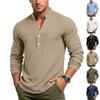 Camisa Henley Masculina de Linho com Caimento Solto Manga Longa Decote V Casual Carcela de Botões Respirável Leve Top de Verão