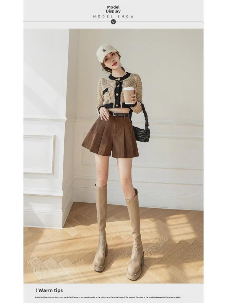 2023 Autumn/Winter Women's Plus Size High Waist Corduroy A-Line Wide-Leg Pleated Shorts
