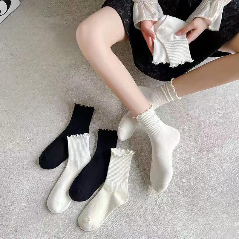 1 par /Lote Calcetines para Mujer Volante Algodón Tubo Medio Tobillo Corto Transpirable Negro Blanco set Primavera Otoño