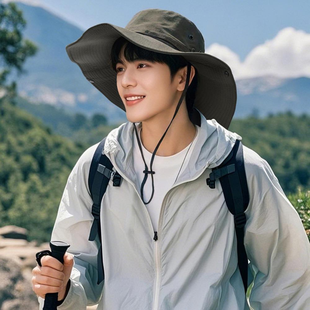 UV Protection Drawstring Sun Hat Big Brim Men Bucket Cap Hiking Fisherman Hat Mountaineering