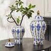 Blue & White Porcelain Gilded Jar: Decorative Flower Vase for Living Room Entryway