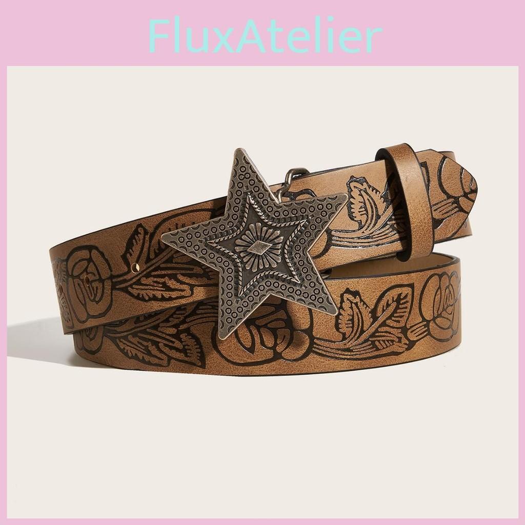Women Leather Faux Belt With Flower Petal Print And Star Snap Button For Fashion