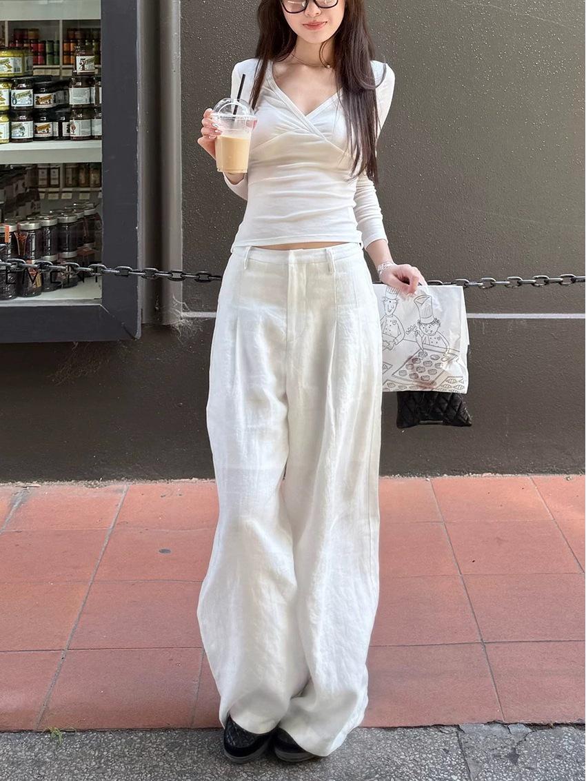 

White & Pink Wide-Leg Summer Casual Pants with 100% Oxygen Drape Small белый