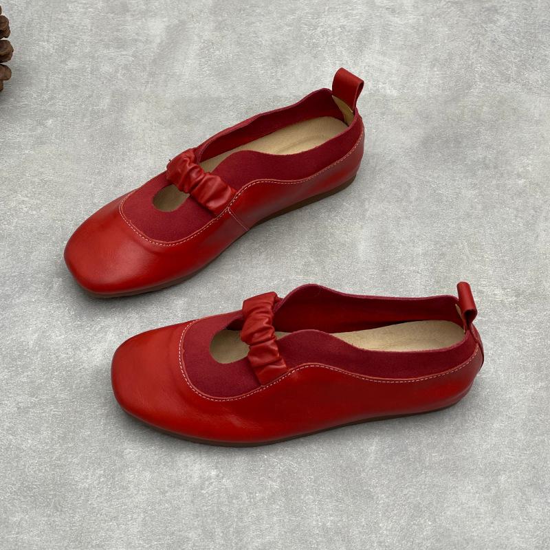 Johnature Handmade Genuine Leather Soft Soled Flats Round Toe Soft Cowhide Women's Slip-on Shoes