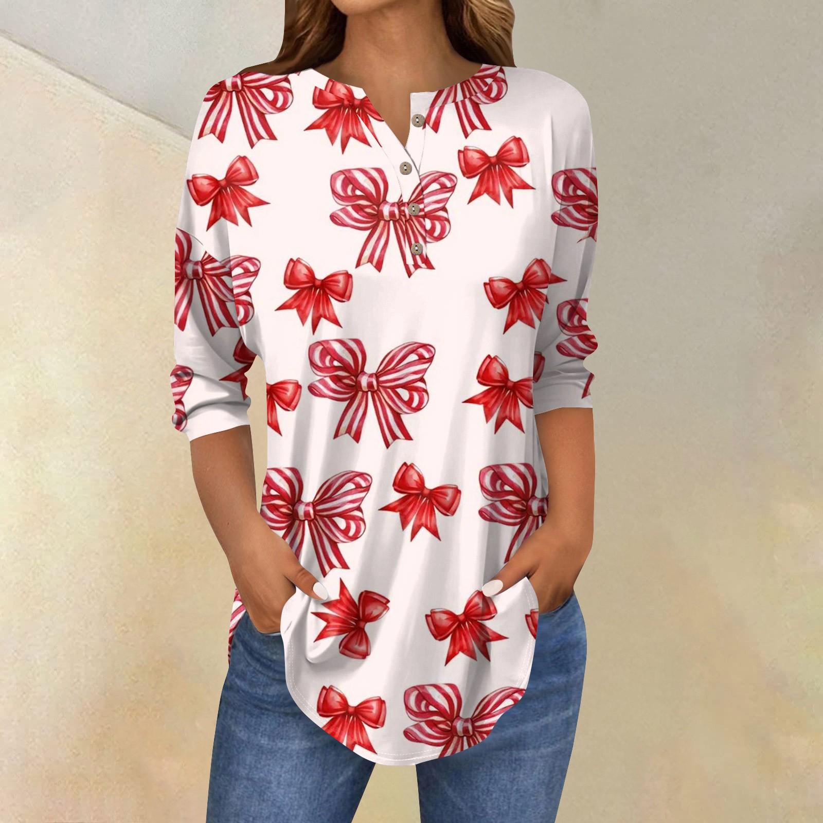 

Женская повседневная свободная футболка с принтом банта на пуговицах и рукавами три четверти XXXL красный