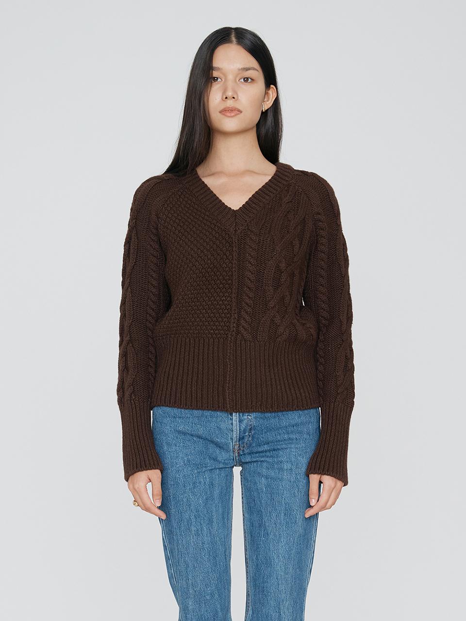 Replacement Half & Half Cable V-Neck Knit -Brown Brown