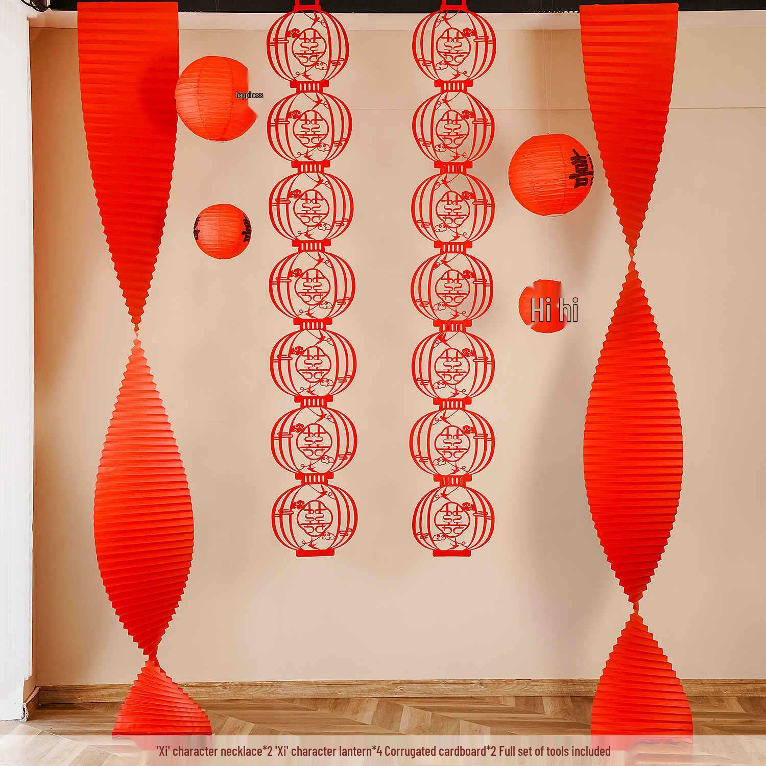 Red Wedding & Living Room Decor Set: Corrugated Cardboard Streamers & Happy Characters
