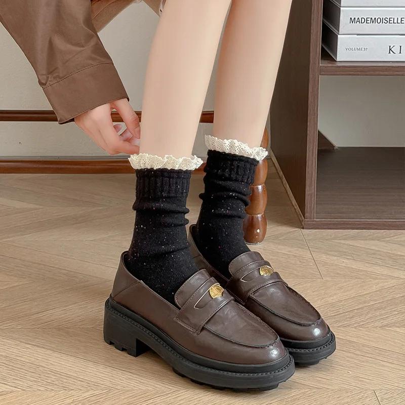 Solid Lace Ruffle Women Socks Japanese Fashion Middle-tube Lace Socks Women Korean Style Solid Color Black White Gray Long Socks
