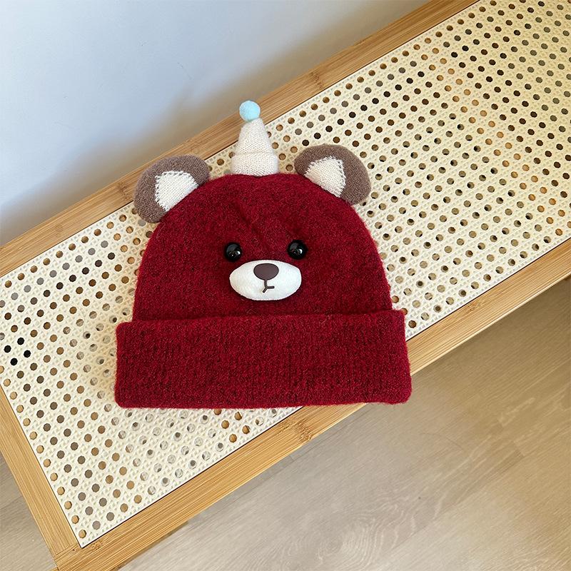Autumn and Winter Children's Hats Cute Bear Wool Knitted Hat Double Layer Warm and Cold-proof Ear Protection Hat Pullover Woolen Hat