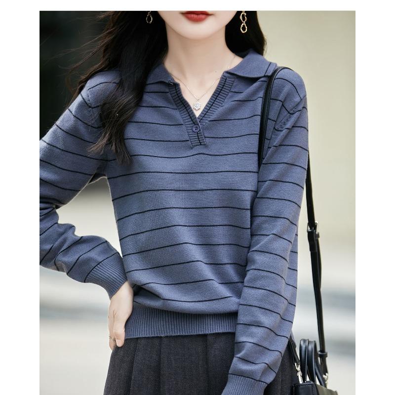 French Style Striped POLO Collar Long-sleeved Sweater for Women Lapel Sweater 2025 New Style Top