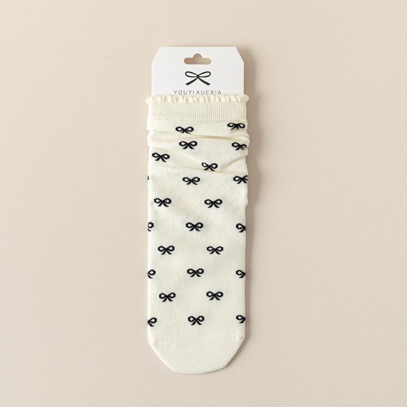 5/10 Pairs Casual Spring Autumn Bone Free Socks for Women with Lace and Bow Mid Calf Socks JK Lolita Sweet and Versatile Cotton Pile Socks