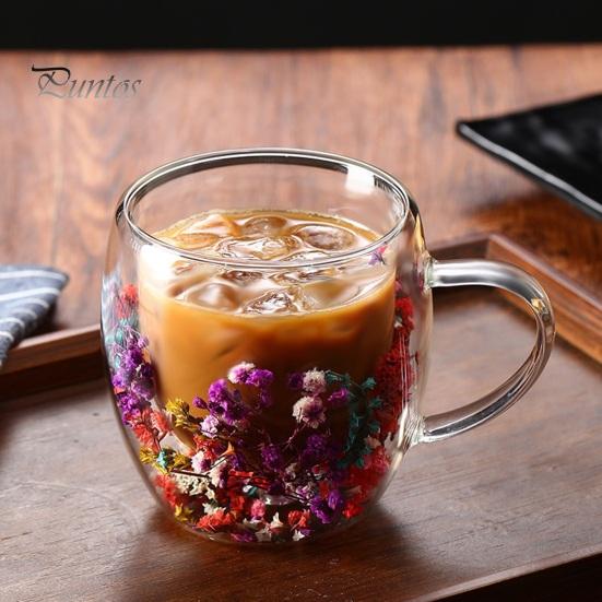 Double Wall Glass Floral Mug 250ml/350ml Clear Aesthetic Drink Cup with Insulated Handle Real Flower Decoration Double Layered Heat Preserving