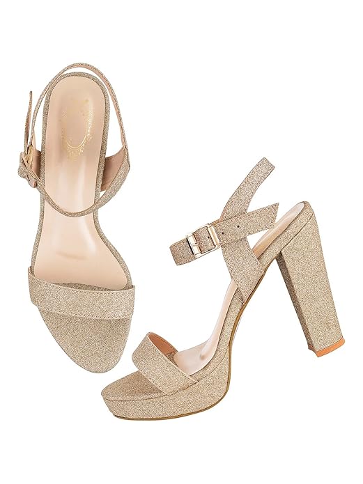 Shoetopia Women Block Heel Sandal  Stylish Ankle Strap Party Heels with Rhinestone Bow Detail