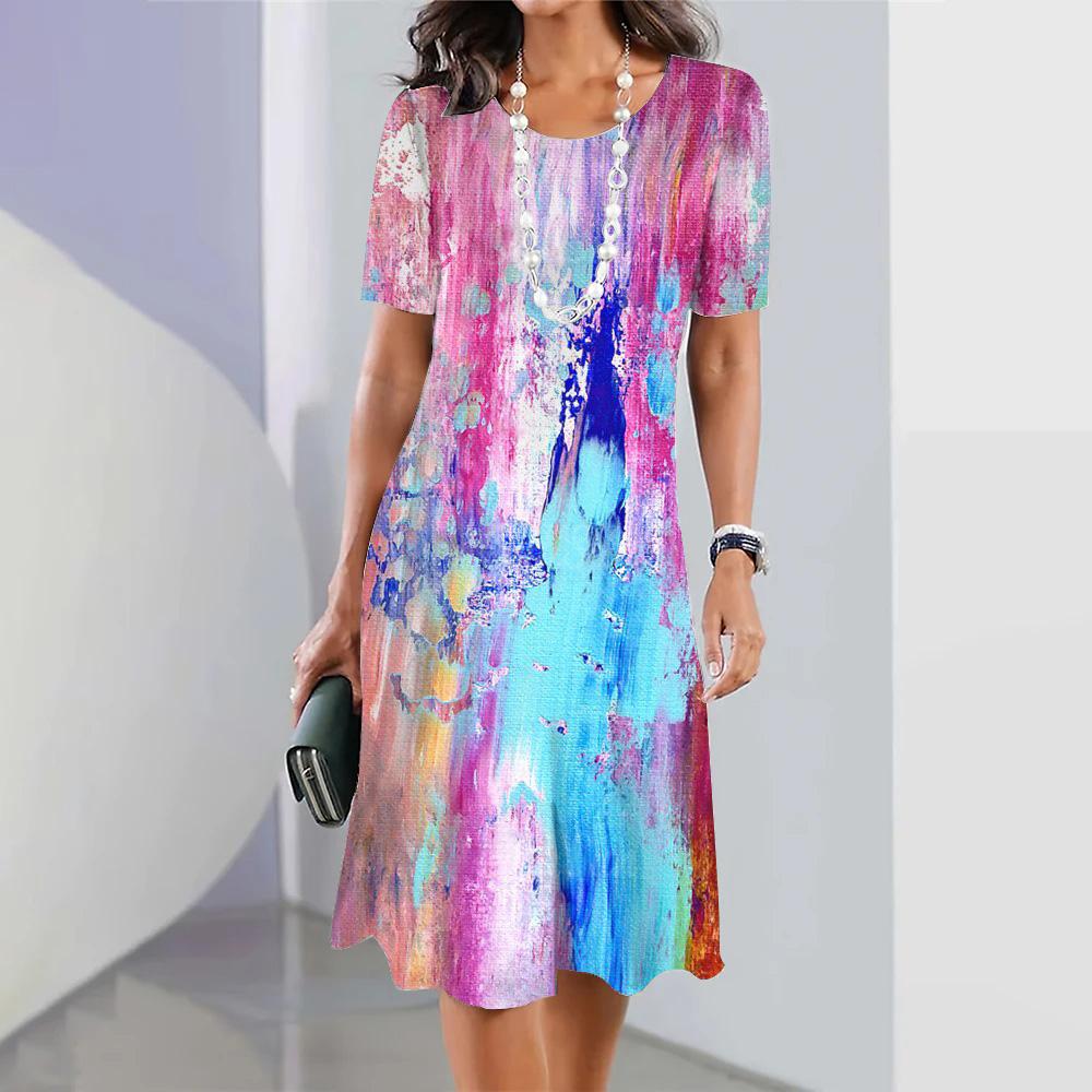 Summer Women's Fashion Round Neck Short-sleeved A-line Dress 3d Colorful Printing Casual Loose Dress