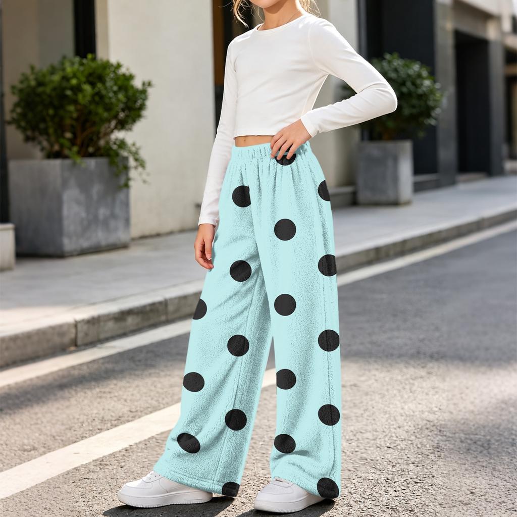 Mädchen Flanellhose mit Polka-Dot-Print Warm Lockerer Schnitt für Herbst und Winter Freizeitkleidung