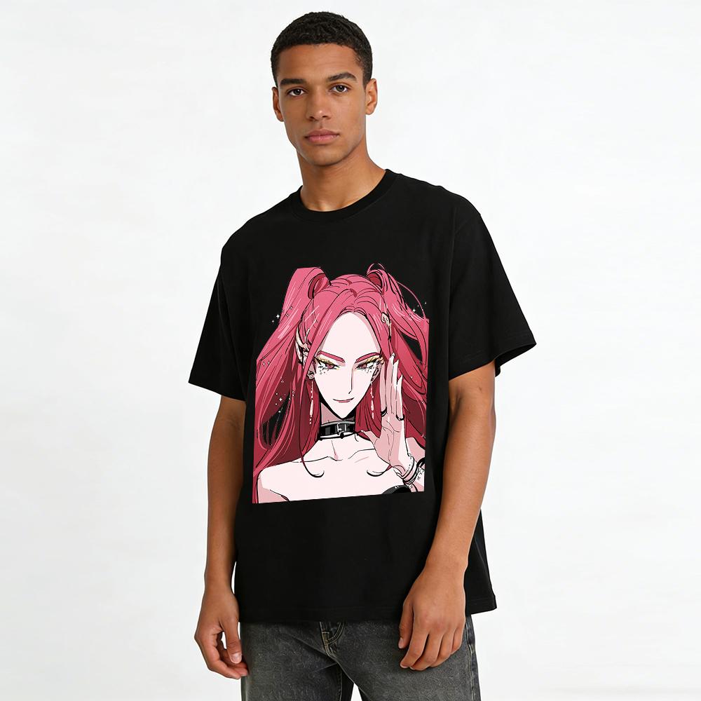 Cool Girl Pink Hair Red Eyes Girl Print Off Shoulder Top Edgy Subculture Streetwear Niche Design T-Shirt Pure cotton T-shirt