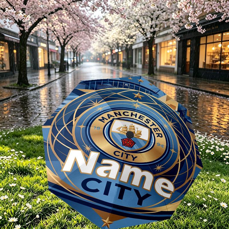 Custom Name Personalized Manchester City Print Umbrella, Auto Open Close, 8‑Rib Sturdy Frame, Commute Camping Hiking Use, Birthday Gift