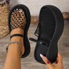 Stylish Black Mesh Fishnet Women's Casual Platform Sandals | Thick Cushioned Sole, Comfortable Slip-On Round-Toe Shoes for All-Season Wear