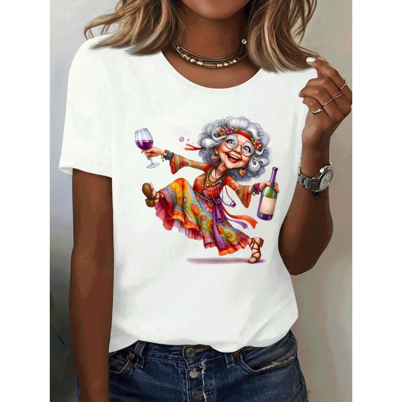 Elegant Granny Graphic Print Women's Summer Casual Short Sleeved T-Shirt Cute Playful Round Neck Tees Top Casual Woman Clothes