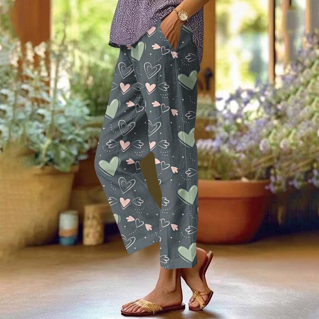 Damenhose aus Baumwollleinen, bedruckt, Sommerhose mit weitem Bein, lässig, locker, Kordelzug, hohe Taille, Palazzo-Hose mit Taschen