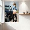 Sexy Blonde Woman In Vintage Car Tin Sign - Retro Metal Poster for Bar Home Wall Decor, Light Blue Crop Top & High-Heeled Boots