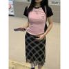 Y2k Vintage Plaid Skirt Women Summer 2024 Korean Style Casual Mesh Print High Waist Slim Midi Skirt Girl 90s Streetwear