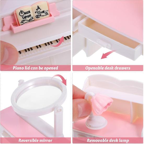 

Dollhouse Girl Room Accessories Set Miniature Piano Chair Dressing Table Desk Reading Lamp Kit Micro Landscaping Accessories for Living Room