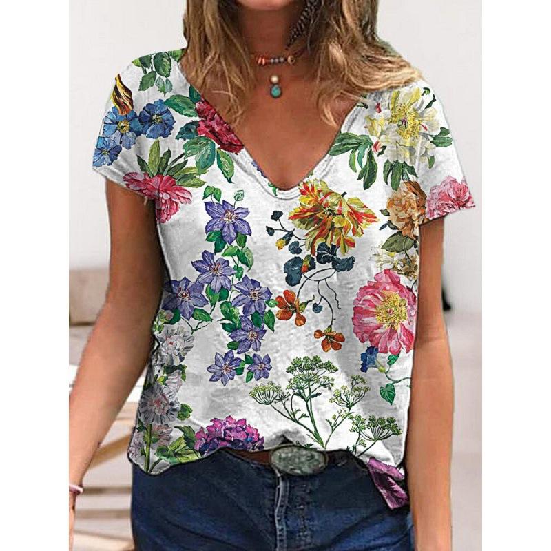 Summer V-neck 3D Flower Printed Top Fashionable Casual Short Sleeved Women's T-shirts