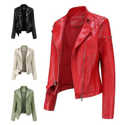 New Rivet Fashion Stand Collar Leather Coat Women's Solid Color Jacket Women's Spring and Autumn Coat Women's Rivet Leather Coat