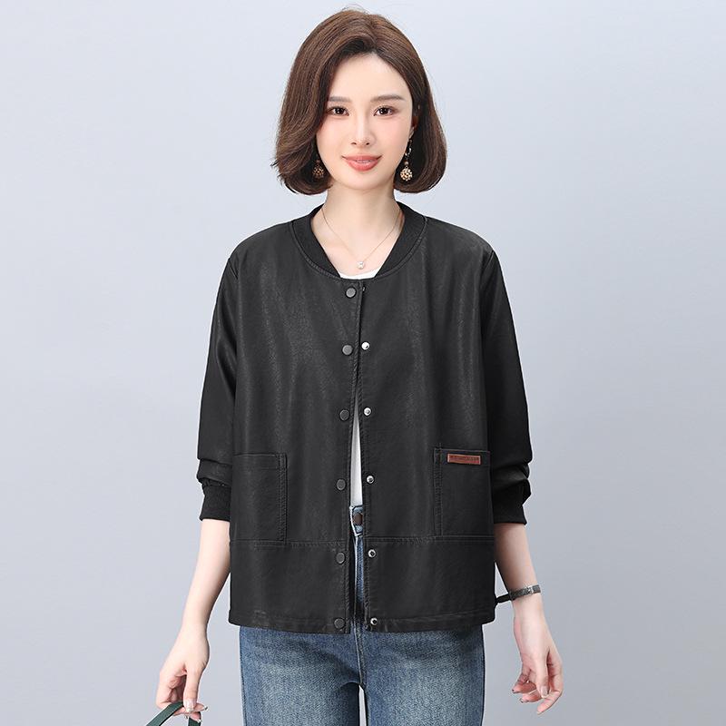 Midlife Chic Women's Petite PU Leather Jacket - High-End, Plus Size, Casual for Spring & Autumn