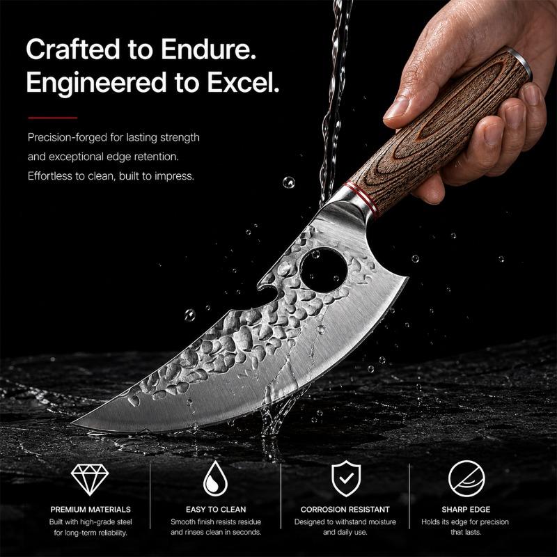 Hand Forged Kitchen Prep Knife Hammered Texture Steel Blade Ergonomic Wooden Handle Household Cooking Knife for Daily Meat and Food Preparation