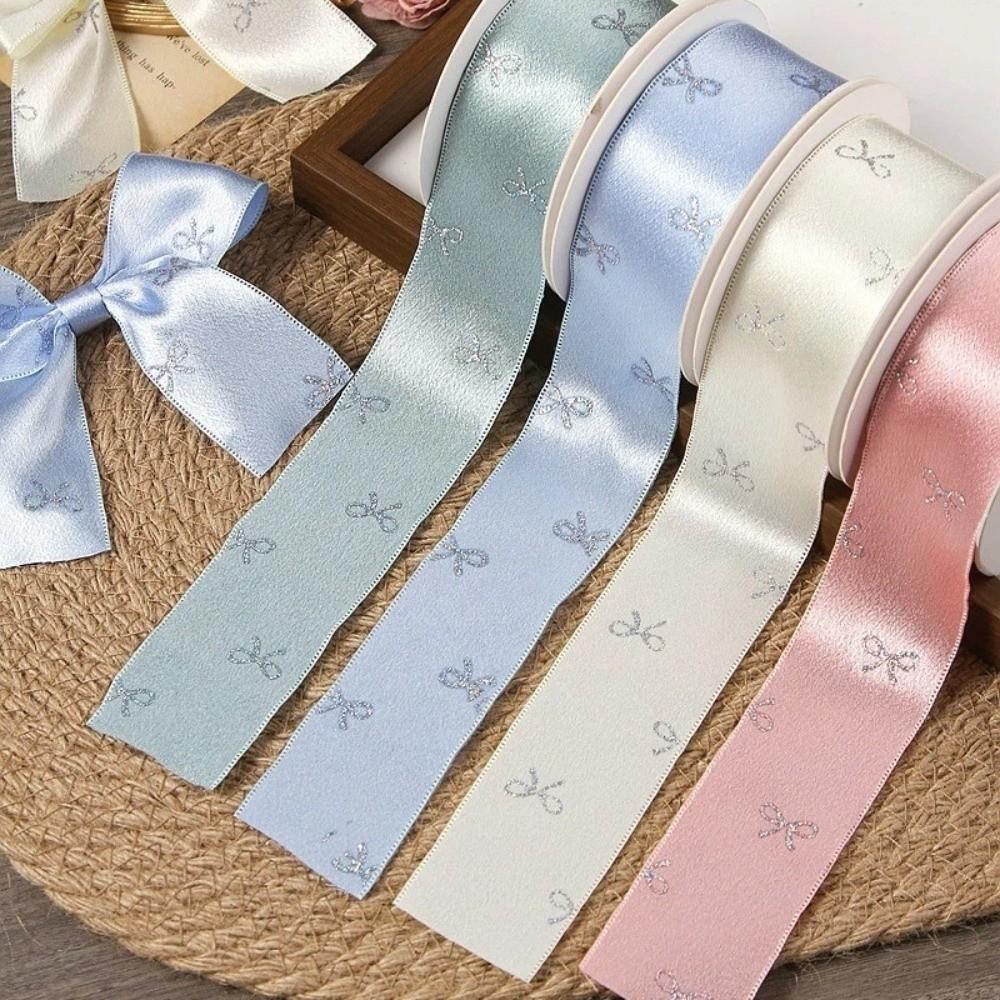 Bow Print Silver Foil Bow Ribbons 40mm Silk Ribbon Decoration Gift Wrapping Ribbons  Cloth