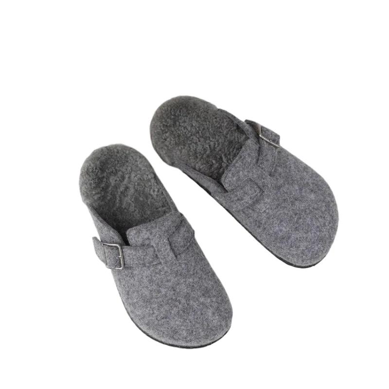 Winter Baotou Slippers Women's Round Head Deep Mouth Suede Belt Buckle Soft Sole Non-slip Wear-resistant Flat Shoes