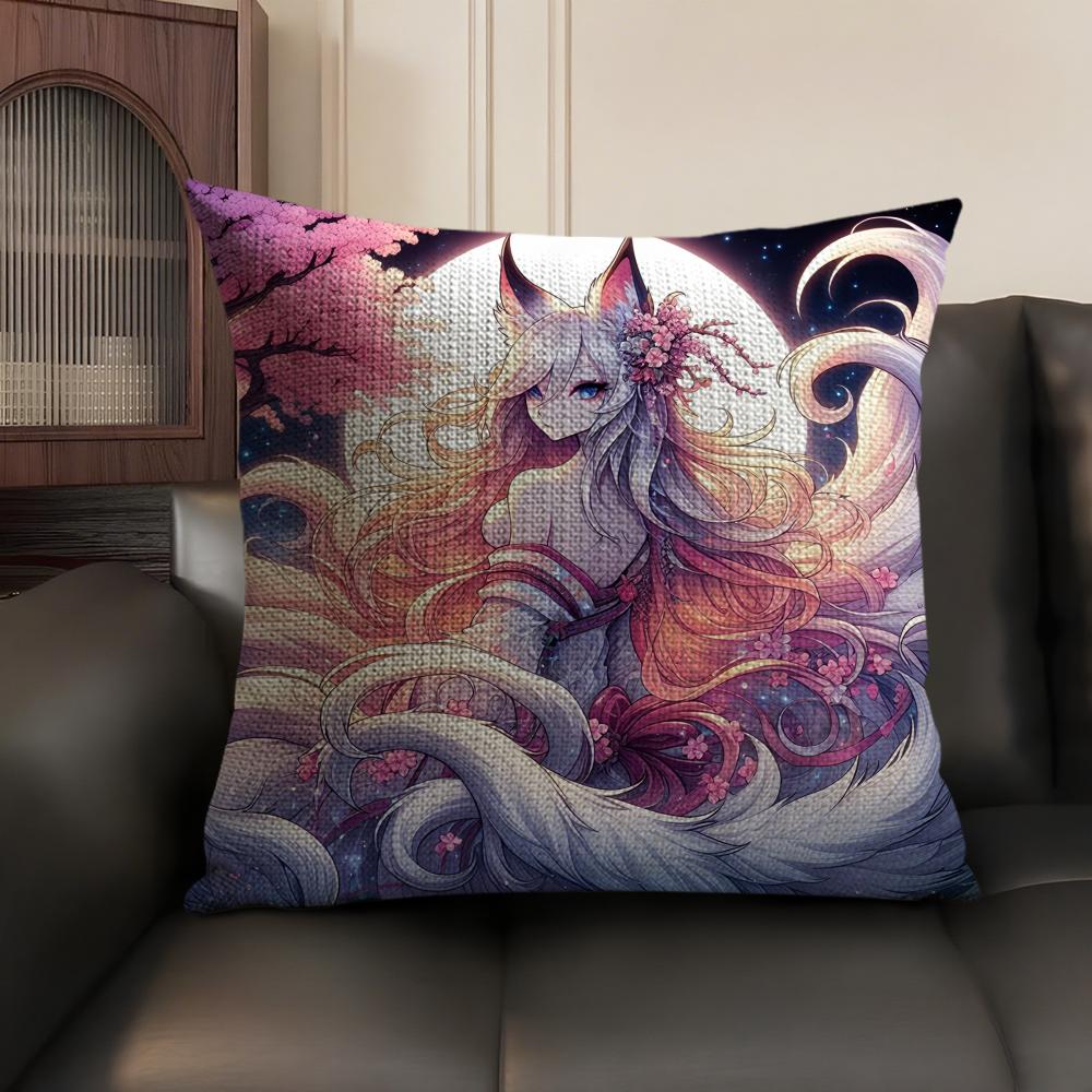 Nine-Tailed Fox Girl Cushion Cover Natural Linen Organic Fabric Double-Sided Printing Sofa Home Decor Gift Pillow Case
