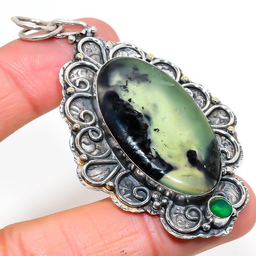 

Подвеска из стерлингового серебра 925 пробы с натуральным нефритом и диопсидом 2,96 дюйма Z3t02