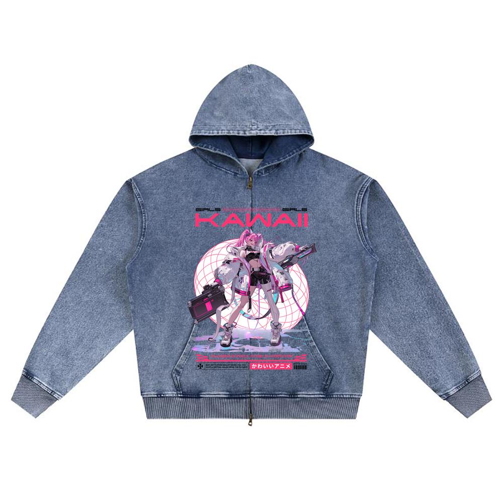 DTG Print Knitted Denim Zip-Up Hoodie Kawaii Japan Anime Girl Y2K Futuristic Fashion Waifu Brother Print Zipper Hoodies  