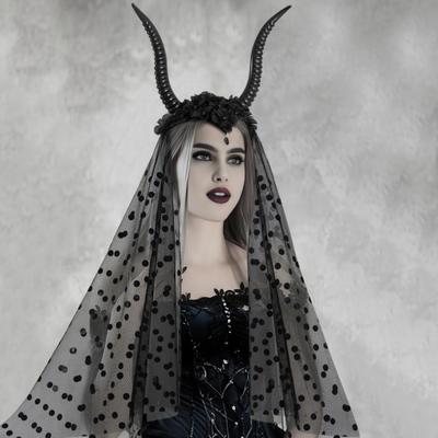 Halloweenská gotická černá čelenka s rohy antilopy, temné ďábelské ovčí rohy