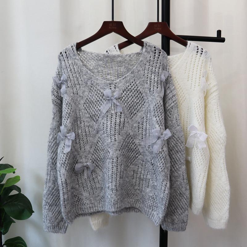 Hollow bow sweater pullover autumn and winter new loose design sweet knitted sweater top women