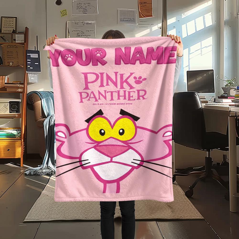 1PC Custom Name Pink Panther Patterned Flannel Blanket Suitable For All Seasons for Home Decor Warmth and Comfort Gifts Holiday Present