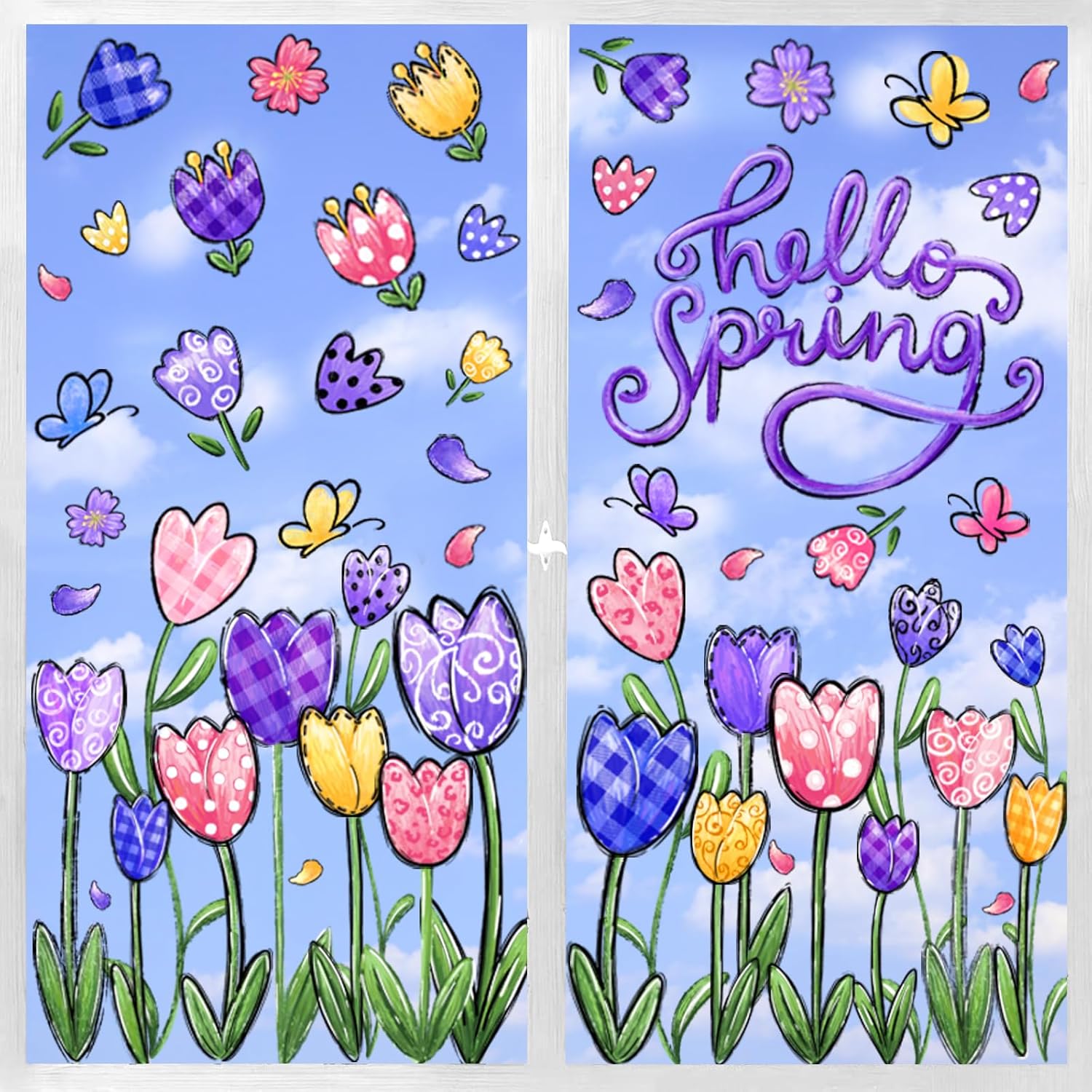 YUJUN 6 Sheets Spring Summer Window Clings,Tulip Butterfly Flowers Oil Painting Window Decals Stickers for Spring Glass Home Decor and Spring Window