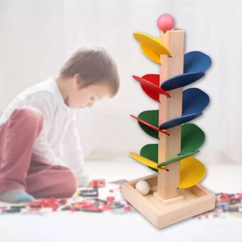 Colorful Wooden Leaf Tower Marble Game For Kids Educational Assembly Toy