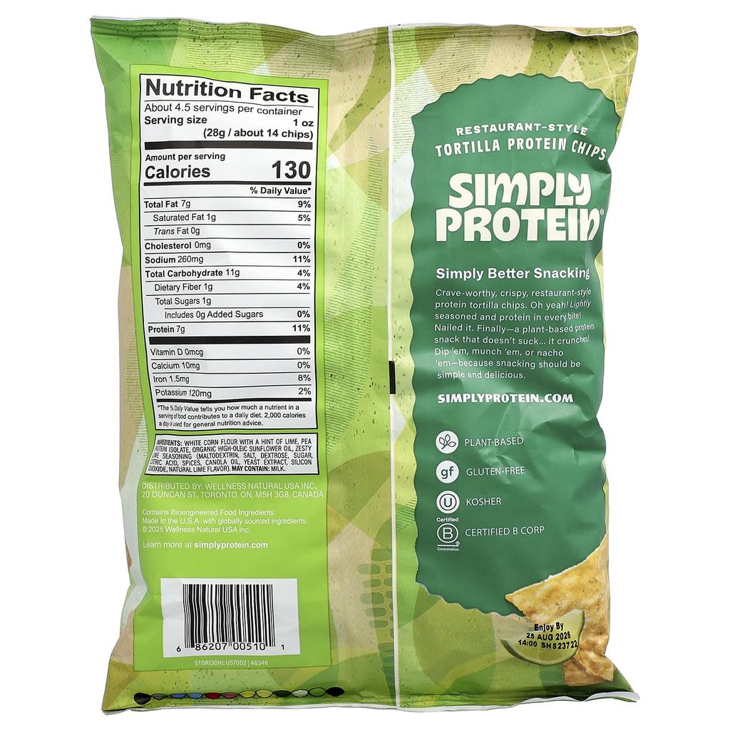 Simply Protein, Restaurant-Style Tortilla Protein Chips, Hint of Lime Flavor, 130g (4.58oz)