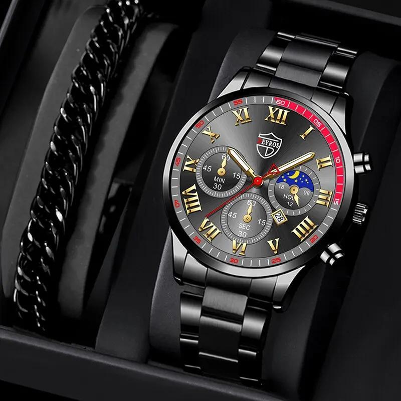 

2 шт. модные мужские часы с календарем роскошные мужские кварцевые наручные часы из нержавеющей стали светящиеся часы мужские наручные часы с браслетом