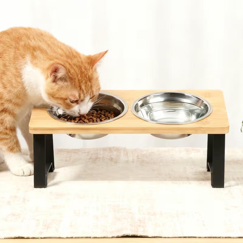 Cat Bowls Pet Feeder 15° Tilted Raised Cat Food Bowls with Wooden Stand 2 Stainless Steel Bowls for Cats